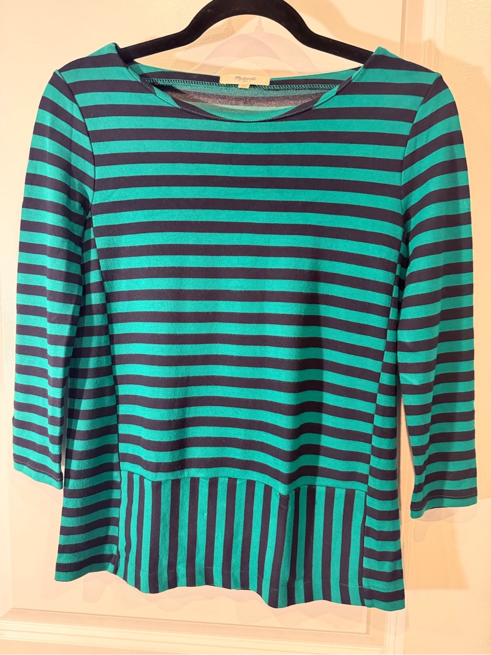 Madewell Teal and Navy Striped Long-Sleeve Tee with Flared Hem